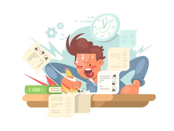 Young student on exam answers examination tests. Vector flat illustration